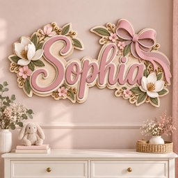 May include: A wall-mounted wooden sign featuring the name Sophia in large, raised pink script lettering. The sign is decorated with layered white and pink flowers, green leaves, small gold spheres, and a prominent pink ribbon bow on the right side.