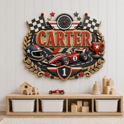 May include: A decorative wall plaque featuring the name CARTER in red letters, a race car, a helmet, a trophy, and checkered flags. The design includes a clock face at the top, a number 1 shield at the bottom, and a racing track motif in red, white, blue, and black.