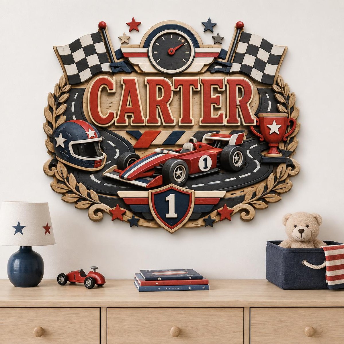 May include: A decorative wooden wall sign featuring the name CARTER in large red letters, a race car, a helmet, checkered flags, a trophy, and a clock face. The design includes a shield with the number 1 and a racetrack motif in red, white, and blue.