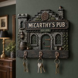 May include: A wall-mounted key holder shaped like a stone pub facade with the text "MCCARTHY'S PUB" and "EST. 1976". The dark gray structure features a central door, two windows, a barrel, and three metal hooks at the bottom, each holding a set of keys.