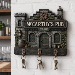 May include: A wall-mounted key holder shaped like a stone pub building with a sign reading MCCARTHY'S PUB EST. 1976. The gray stone structure features a green door, a barrel, and three bronze-colored metal hooks, each holding a set of silver keys.