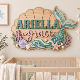 May include: A wooden wall sign shaped like a seashell featuring the name ARIELLA in teal block letters and grace in pink script. The design includes a teal mermaid tail, layered waves, purple and white seashells, pink coral, and white pearls.