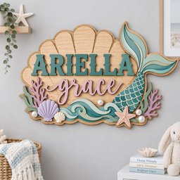 May include: A wooden wall sign shaped like a seashell featuring the name ARIELLA in dark teal block letters and grace in light purple script. The design includes a layered mermaid tail, coral, seashells, and white pearls in teal and pink tones.