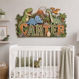 May include: A wooden wall sign featuring the name CARTER in large block letters, surrounded by a green T-Rex, a blue Triceratops, a long-necked green dinosaur, a flying Pterodactyl, palm trees, and a volcano, all arranged in a layered design.