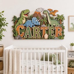 May include: A decorative wall sign featuring the name CARTER in large, block letters. The design includes a green T-Rex, a blue triceratops, a long-necked green dinosaur, and an orange pterodactyl, all set against a volcano and palm trees.