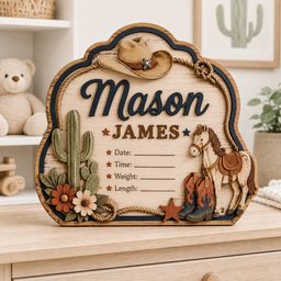 May include: A decorative wooden sign featuring the name Mason James, a cowboy hat, a horse, a cactus, flowers, and cowboy boots. The sign includes blank lines for Date, Time, Weight, and Length, framed by a rope design with a star accent.