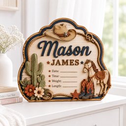 May include: A decorative wooden sign featuring the name Mason James, a cowboy hat, a cactus, flowers, a horse, and cowboy boots. The sign includes blank lines for Date, Time, Weight, and Length, framed by a rope design with a star accent.
