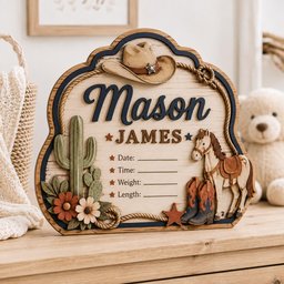 May include: A wooden decorative sign featuring a cowboy hat, a cactus, a horse, and cowboy boots. The text reads Mason, JAMES, and includes lines for Date, Time, Weight, and Length. The design is accented with stars and a rope border.