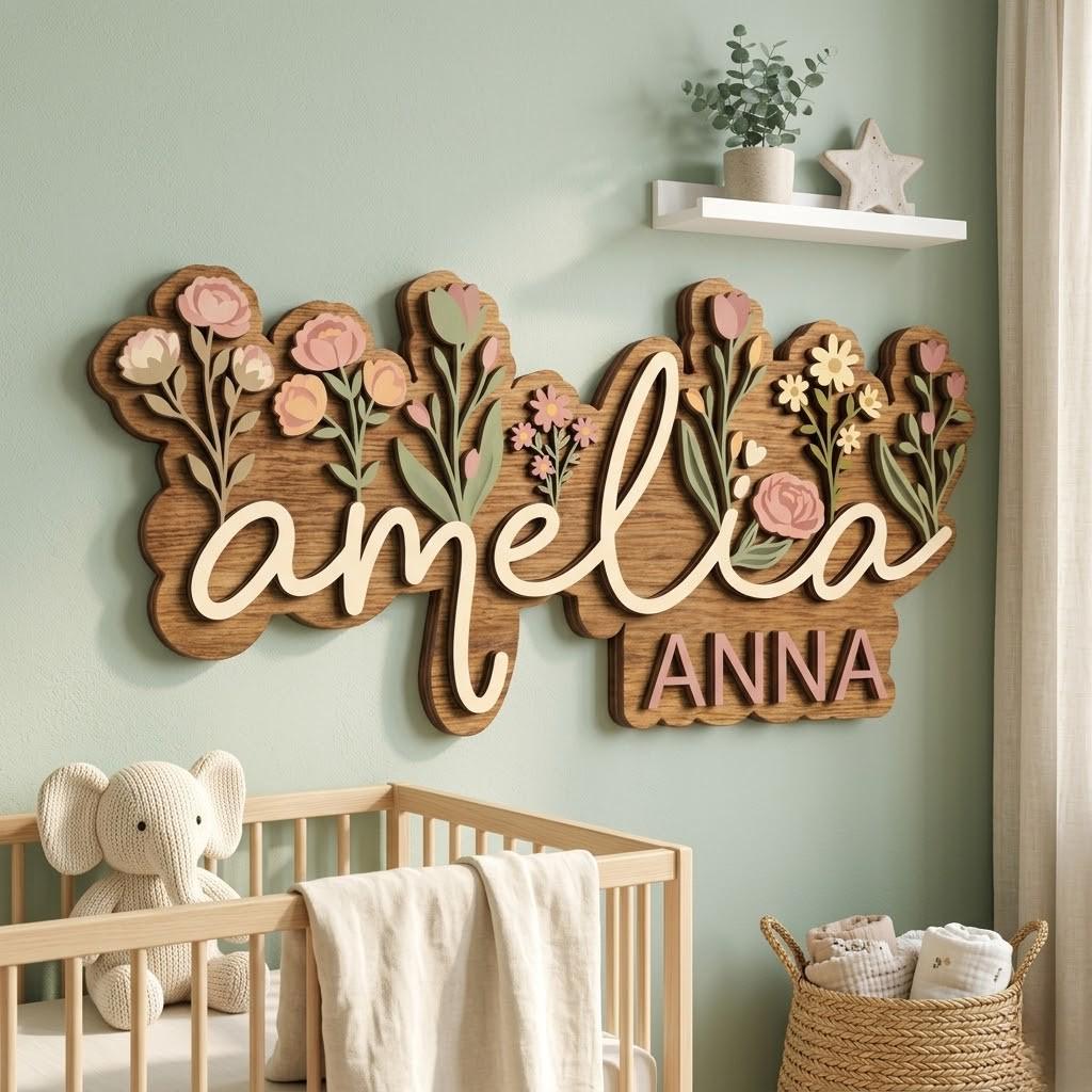 May include: Wooden wall art featuring the name "Amelia" in a cursive font, with the name "Anna" below. The art is decorated with floral elements in pink, green, and cream colors. The piece is mounted on a light green wall, above a crib.