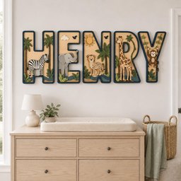 May include: A set of five large, dark-bordered wooden letters spelling the name HENRY, each featuring a unique jungle animal cutout including a zebra, elephant, leopard, giraffe, and monkey, decorated with palm trees and natural landscape elements.