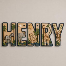 May include: A set of five wooden letters spelling the name HENRY, each featuring a layered jungle theme. The letters include a zebra, elephant, leopard, giraffe, and monkey, along with palm trees, a sun, clouds, and birds in shades of green, brown, and blue.