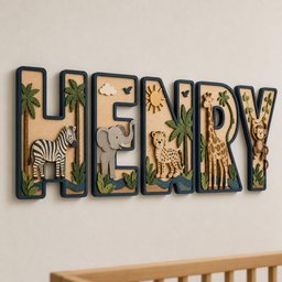 May include: A set of five large wooden letters spelling the name HENRY, each featuring a dark blue border and a light wood interior. The letters are decorated with layered jungle animal cutouts including a zebra, elephant, leopard, giraffe, and monkey.