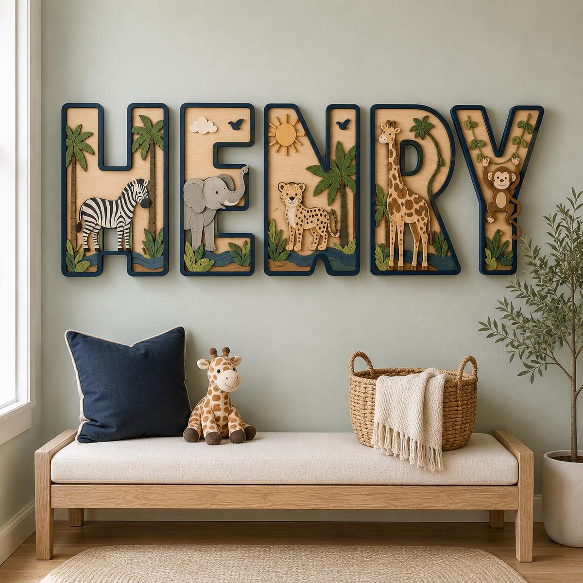 May include: A set of five large wooden letters spelling HENRY, each featuring a unique jungle animal cutout including a zebra, elephant, leopard, giraffe, and monkey, with palm trees, sun, and river details in natural wood and green tones.