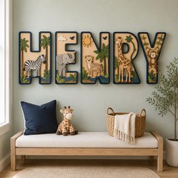 May include: A set of five large wooden letters spelling HENRY, each featuring a unique jungle animal cutout including a zebra, elephant, leopard, giraffe, and monkey, with palm trees, sun, and river details in natural wood and green tones.