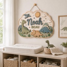 May include: A cloud-shaped wooden wall sign featuring the name Noah Beau in dark blue and green lettering. The design includes layered cutouts of a green long-necked dinosaur, a tan triceratops, a blue stegosaurus, a sun, and a flying pterodactyl.