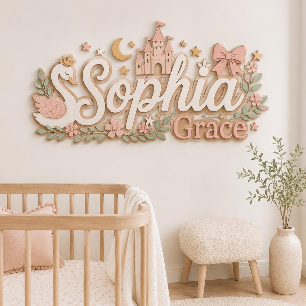 May include: A wall-mounted wooden name sign featuring the name Sophia Grace in white and pink script lettering. The design includes a white swan with a gold crown, a pink castle, a yellow crescent moon, stars, a pink bow, and green floral accents.