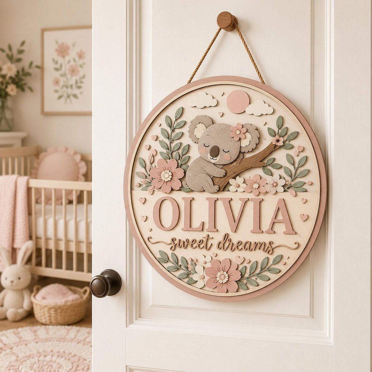 May include: A circular wooden wall sign featuring a layered koala bear resting on a branch, surrounded by pink flowers and green leaves. The sign displays the name OLIVIA in large capital letters above the cursive text sweet dreams.