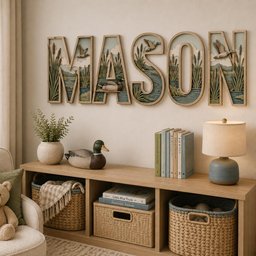 May include: A set of five wooden wall letters spelling MASON, each featuring a layered 3D scene of ducks, cattails, and water in shades of green, blue, and brown. The letters are mounted on a wall above a wooden storage unit with woven baskets.