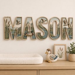 May include: A set of five wooden wall letters spelling MASON, each featuring a layered 3D scene of ducks, cattails, and water in muted blue, green, and tan tones. The letters are framed in light wood and display a detailed nature-themed landscape.