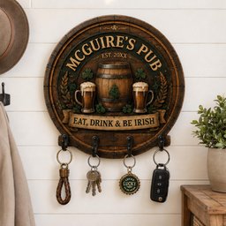 May include: A round wooden wall-mounted key holder featuring a barrel design with the text "MCGUIRE'S PUB EST. 20XX" and "EAT, DRINK & BE IRISH." The sign includes illustrations of two beer mugs and shamrocks, with four black metal hooks holding keys.
