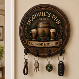 May include: A circular wooden wall-mounted key holder shaped like a barrel head. It features the text "MCGUIRE'S PUB", "EST. 20XX", and "EAT, DRINK & BE IRISH". The design includes a central barrel, two beer mugs, and four black metal hooks holding keys.