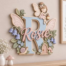 May include: A decorative wall plaque featuring a large light blue letter R with the name Rosie in pink script. The design includes a fairy holding a lantern, pastel-colored flowers, green leaves, a small snail, and a tiny wooden door at the base.