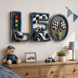 May include: A wall-mounted decorative set spelling the name LEO. The letter L features a traffic light and a racing helmet. The letter E contains a race car and checkered pattern. The letter O is a circular frame with two checkered flags and a trophy.