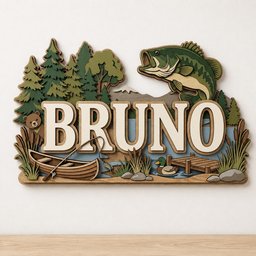 May include: A multi-layered wooden wall sign featuring the name BRUNO in large white letters. The design includes a green forest, a jumping bass fish, a brown bear, a wooden canoe with a fishing rod, a mallard duck, and a small wooden dock.