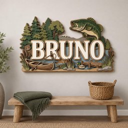 May include: A multi-layered wooden wall sign featuring the name BRUNO in large white letters. The design includes a green forest, a jumping bass fish, a brown canoe, a small bear, a duck on a wooden dock, and a lake scene with mountains.