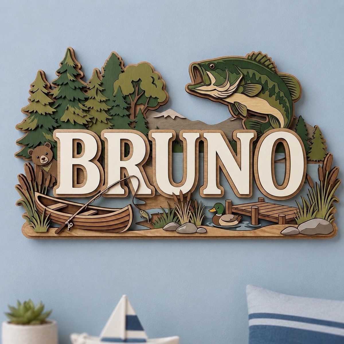 May include: A multi-layered wooden wall sign featuring the name BRUNO in large white letters. The design includes a green forest, a jumping bass fish, a brown bear, a wooden canoe with a fishing rod, a small dock, and a duck on the water.