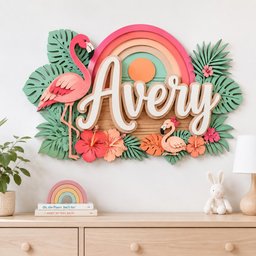 May include: A decorative wall sign featuring the name Avery in white script lettering, centered over a layered rainbow and sun design. The piece is surrounded by pink flamingo figures and green tropical palm leaves with pink hibiscus flowers.