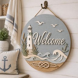 May include: A round wooden wall sign featuring a lighthouse, three seagulls, and the word Welcome in white script. The design includes layered waves, tall grass, and a rope knot detail at the bottom, all suspended by a rope from a metal hook.