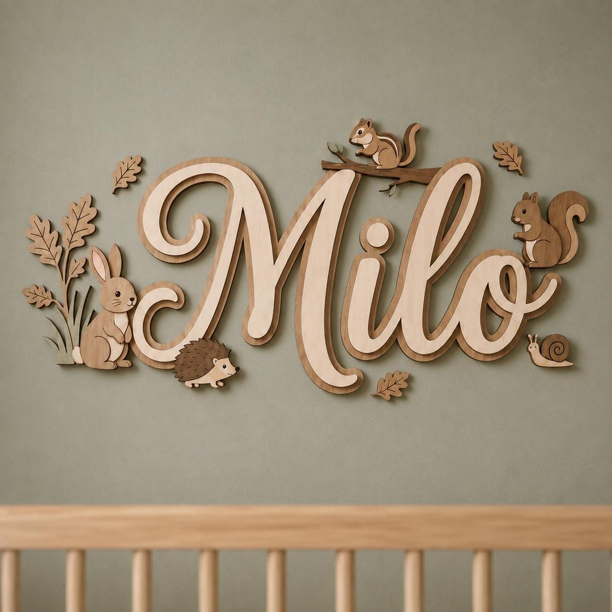 May include: A layered wooden wall sign featuring the name Milo in cursive script, surrounded by cutout figures of a rabbit, a hedgehog, a squirrel on a branch, another squirrel, a snail, and several oak leaves in natural wood tones.