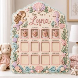 May include: A decorative wooden milestone photo board titled First Year of Luna, featuring pastel-colored sea-themed carvings of a mermaid, seahorse, shells, and starfish. It includes twelve rectangular frames for monthly baby photos.