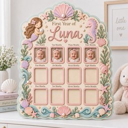 May include: A decorative wooden milestone photo board titled First Year of Luna, featuring pastel sea-themed illustrations of a mermaid, seahorse, shells, and pearls. It includes twelve rectangular frames labeled from one to twelve months.