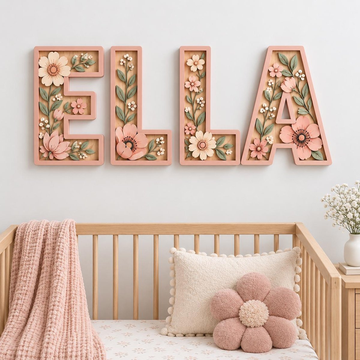 May include: Four wooden wall letters spelling ELLA, each featuring a light wood frame filled with dimensional, layered floral motifs in shades of soft pink, cream, and sage green, showcasing intricate petals, leaves, and small white buds.