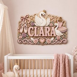 May include: A decorative wall sign featuring the name CLARA in large pink letters, surrounded by white swans, ballet slippers, a tutu, and floral accents in shades of pink, cream, and sage green, all set against a light-colored wooden background.