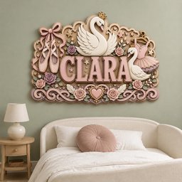 May include: A decorative wall sign featuring the name CLARA in large pink letters, adorned with two white swans wearing gold crowns, pink ballet slippers, a pink tutu on a hanger, and several pink roses, all set against a light brown background.