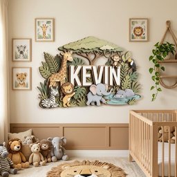 May include: A nursery wall decor set featuring a wooden sign with the name "KEVIN" and jungle animal cutouts. Includes framed animal prints, a lion rug, and stuffed animals. The color palette includes beige, green, and brown.
