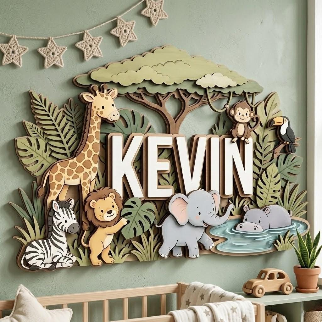 May include: A layered wooden wall art piece with the name "KEVIN" in white block letters, surrounded by jungle animals including a giraffe, zebra, lion, elephant, monkey, toucan, and hippos. The art piece is set against a green background.