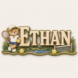 May include: A decorative wall sign featuring the name ETHAN in large beige letters with a dark green outline. A light brown teddy bear wearing a green cap, white shirt, and blue shorts holds a tennis racket. Two yellow tennis balls and a net are included.