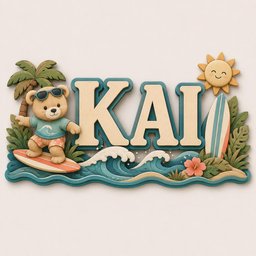May include: A decorative wall sign featuring the name KAI in large beige letters. The design includes a teddy bear wearing sunglasses and a teal shirt on a surfboard, a palm tree, ocean waves, a smiling sun, a surfboard, and a pink flower.