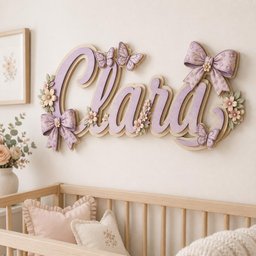 May include: A custom wooden wall sign featuring the name Clara in large, cursive, light purple letters. The sign is decorated with three-dimensional butterflies, small pink and white flowers, and two patterned bows in shades of lavender.