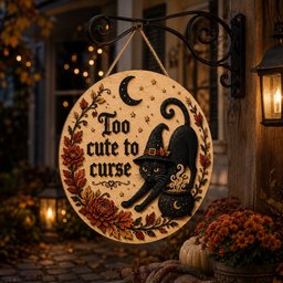 May include: A round wooden hanging sign featuring the text Too cute to curse in black lettering. The design includes a black cat wearing a witch hat, a small cauldron with steam, a crescent moon, stars, and a border of orange and red autumn leaves.