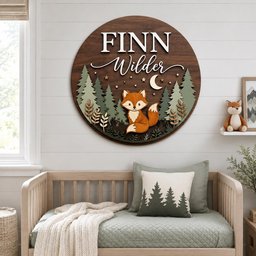 May include: A circular wooden wall sign featuring the name FINN Wilder in white lettering. The design includes a layered forest scene with green pine trees, a central orange and white fox, a white crescent moon, and small stars on a dark wood background.