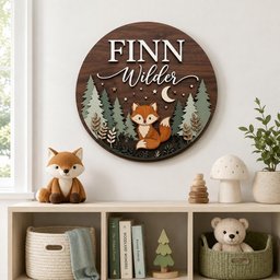 May include: A circular wooden wall sign featuring the name FINN WILDER in white lettering, with a layered forest scene, a crescent moon, stars, and a central fox illustration in shades of brown, green, and cream against a dark wood background.