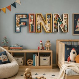 May include: Wall-mounted wooden letters spelling FINN, each containing miniature mechanical parts, gears, robots, and tools. The letters are painted in blue, red, yellow, and cream, featuring intricate internal displays of small toy components.
