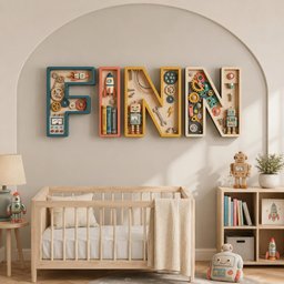 May include: Wall-mounted wooden letters spelling FINN, each functioning as a shadow box display. The letters contain miniature mechanical elements, including gears, a rocket, books, a robot, a wrench, and bolts, painted in blue, red, yellow, and cream.
