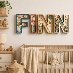 May include: Four wall-mounted wooden letters spelling FINN, each functioning as a shadow box. The letters contain miniature mechanical elements, including colorful gears, small toy robots, a rocket ship, books, and various metal tools like wrenches.