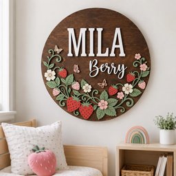 May include: A circular dark brown wooden wall sign featuring the white text "MILA" and "Berry" in script. The design includes layered wooden cutouts of red strawberries, green leaves, small pink and white flowers, and three small butterflies.